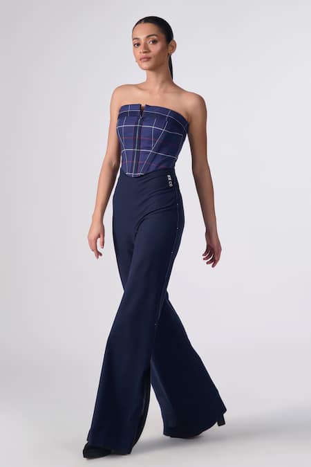 S&N by Shantnu Nikhil Blue Poly Blend Plain Bell Bottom Trousers