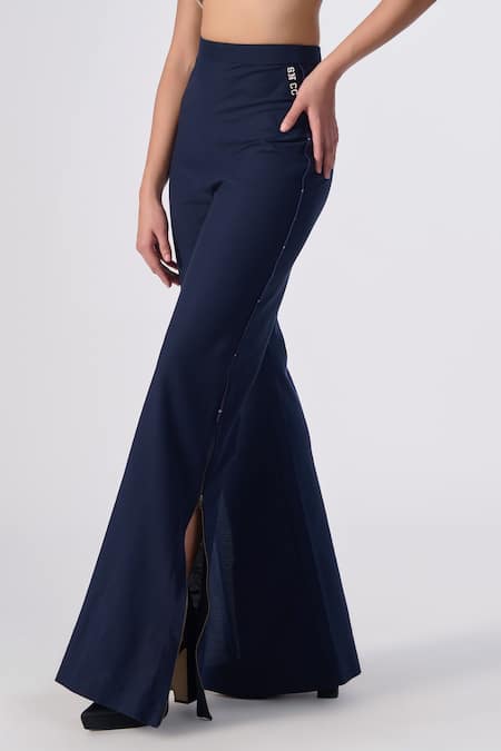 Buy_S&N By Shantnu Nikhil_Blue Lycra, Viscose, Polyester Bell Bottom Trousers_Online_at_Aza_Fashions