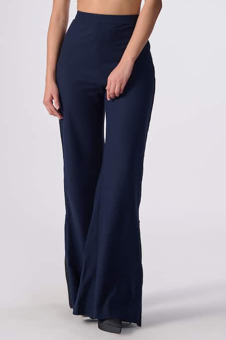 Shop_S&N By Shantnu Nikhil_Blue Lycra, Viscose, Polyester Bell Bottom Trousers_Online_at_Aza_Fashions