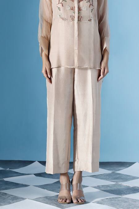 Chokhi Chorri Beige Silk Embroidery Round Neck Katie Jumpsuit With Bloom Shirt Online at Aza Fashions Chokhi Chorri_Beige Silk Embroidery Round Neck Katie Jumpsuit With Bloom Shirt _Online_at_Aza_Fashions