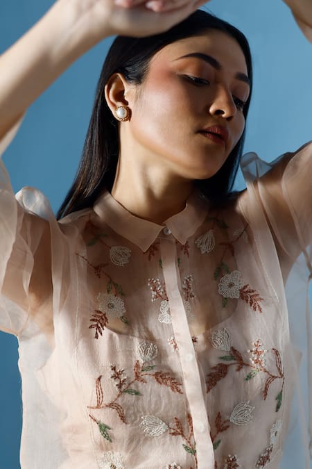 Buy_Chokhi Chorri_Beige Silk Embroidery Round Neck Katie Jumpsuit With Bloom Shirt _Online_at_Aza_Fashions