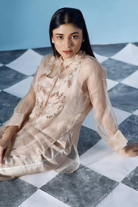 Shop_Chokhi Chorri_Beige Silk Embroidery Round Neck Katie Jumpsuit With Bloom Shirt _Online_at_Aza_Fashions