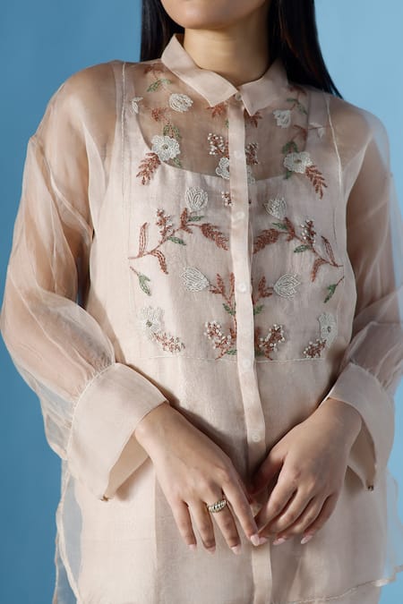 Chokhi Chorri_Beige Silk Embroidery Round Neck Katie Jumpsuit With Bloom Shirt _at_Aza_Fashions