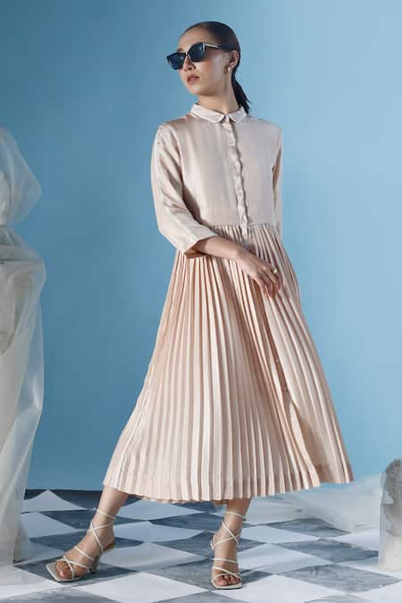 Chokhi Chorri Beige Silk Collared Thira Accordion Pleated Shirt Dress Online at Aza Fashions Chokhi Chorri_Beige Silk Collared Thira Accordion Pleated Shirt Dress _Online_at_Aza_Fashions