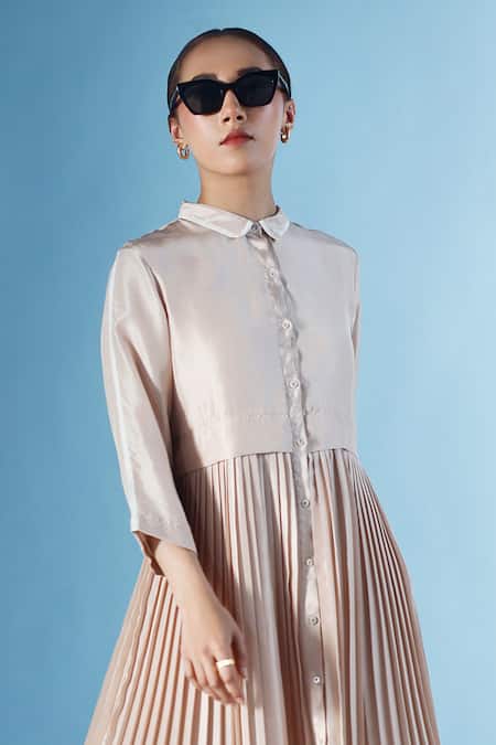 Buy Chokhi Chorri Beige Silk Collared Thira Accordion Pleated Shirt Dress Online at Aza Fashions Buy_Chokhi Chorri_Beige Silk Collared Thira Accordion Pleated Shirt Dress _Online_at_Aza_Fashions