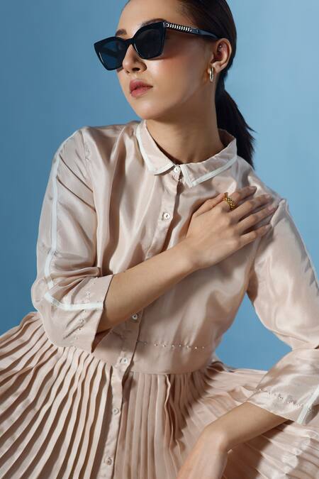 Shop_Chokhi Chorri_Beige Silk Collared Thira Accordion Pleated Shirt Dress _Online_at_Aza_Fashions