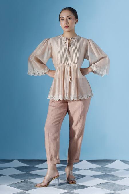 Chokhi Chorri Beige Chanderi, Linen Beads Thira Pintucked Yoke Bloom Embroidered Top Pant Set 