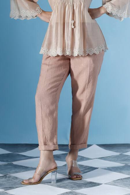 Chokhi Chorri Beige Chanderi, Linen Beads Thira Pintucked Yoke Bloom Embroidered Top Pant Set Online at Aza Fashions Chokhi Chorri_Beige Chanderi, Linen Beads Thira Pintucked Yoke Bloom Embroidered Top Pant Set _Online_at_Aza_Fashions