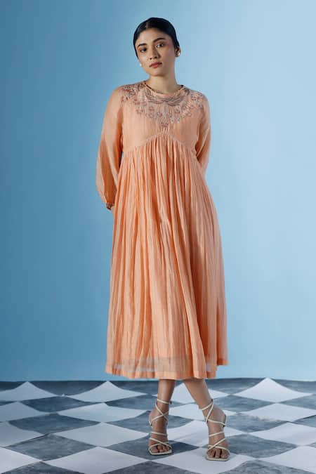 Chokhi Chorri Orange Cotton Embroidery Round Irene Blossom Aari Aliya Cut Dress With Inner 