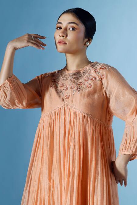Chokhi Chorri_Orange Cotton Embroidery Round Irene Blossom Aari Aliya Cut Dress With Inner _Online_at_Aza_Fashions