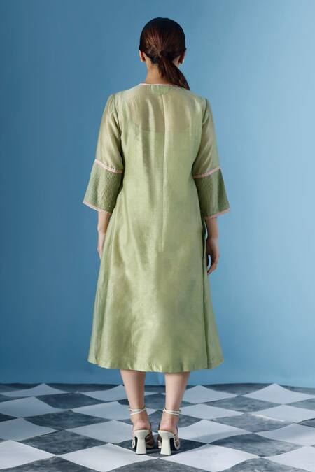 Shop Chokhi Chorri Green Silk, Chanderi Pearls Split V-neck Alena Pintucked Yoke Dress With Inner at Aza Fashions Shop_Chokhi Chorri_Green Silk, Chanderi Pearls Split V-neck Alena Pintucked Yoke Dress With Inner _at_Aza_Fashions
