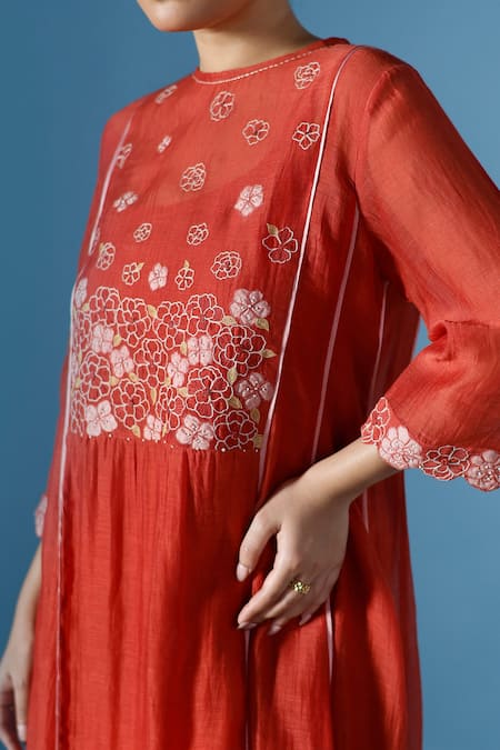 Chokhi Chorri_Red Cotton, Silk Embroidery Boat Neck Rafflesia Anarkali Set _Online_at_Aza_Fashions