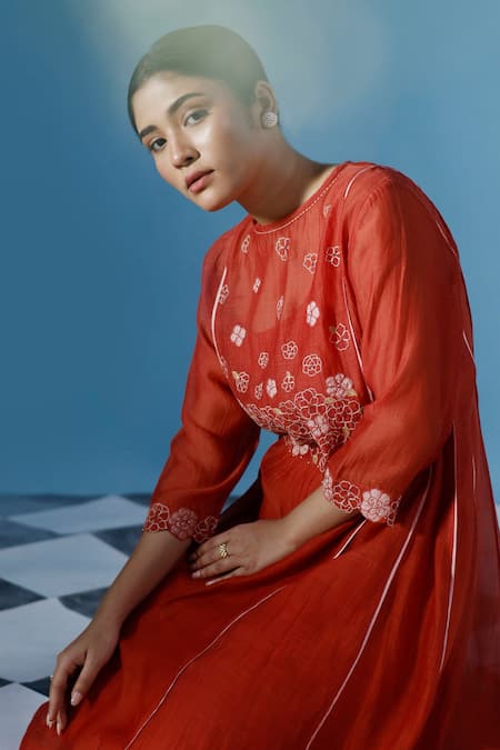 Chokhi Chorri_Red Cotton, Silk Embroidery Boat Neck Rafflesia Anarkali Set _at_Aza_Fashions