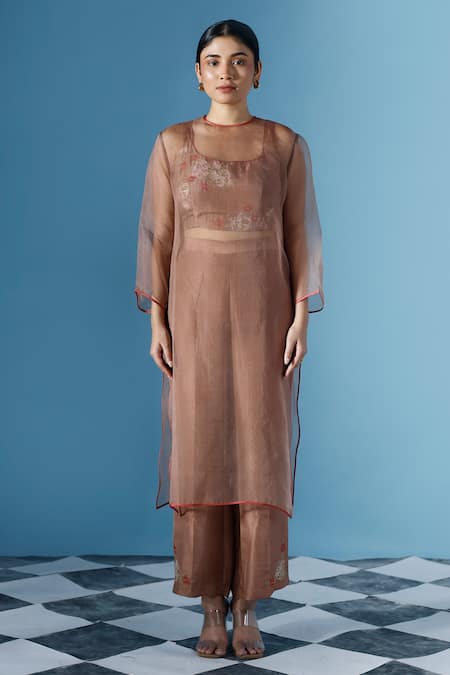 Chokhi Chorri Brown Crop Top And Pant Silk Kurta Organza Embroidery Aari Maria A-line Set 