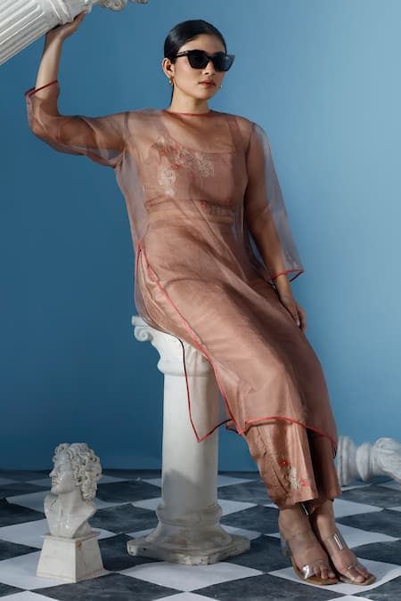 Shop_Chokhi Chorri_Brown Organza, Silk Embroidery High Neck, Square Maria A-line Kurta Pant Set _at_Aza_Fashions