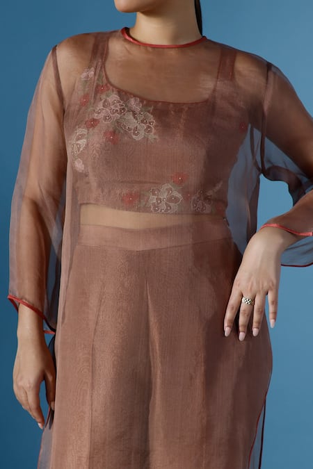 Chokhi Chorri_Brown Organza, Silk Embroidery High Neck, Square Maria A-line Kurta Pant Set _Online_at_Aza_Fashions