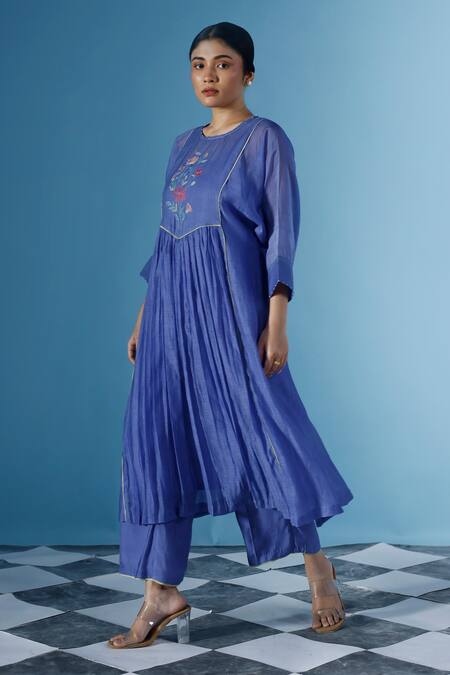Chokhi Chorri_Blue Cotton Embroidery Round Neck Thea Bloom Magic Yoke Anarkali Set _Online_at_Aza_Fashions