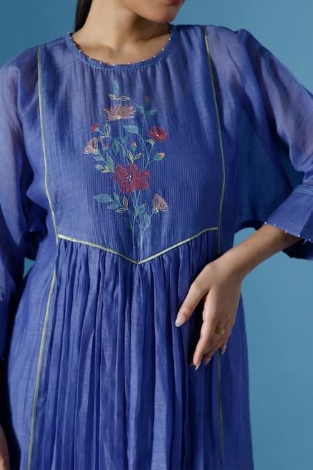 Shop_Chokhi Chorri_Blue Cotton Embroidery Round Neck Thea Bloom Magic Yoke Anarkali Set _Online_at_Aza_Fashions