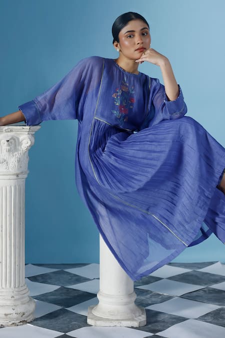 Chokhi Chorri_Blue Cotton Embroidery Round Neck Thea Bloom Magic Yoke Anarkali Set _at_Aza_Fashions