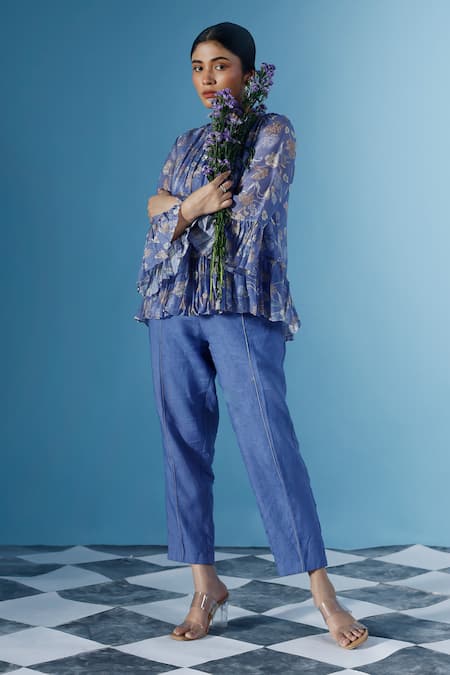 Buy_Chokhi Chorri_Blue Cotton, Linen Embroidery Round Aria Iris Bloom Bell Sleeves Top With Pant _Online_at_Aza_Fashions