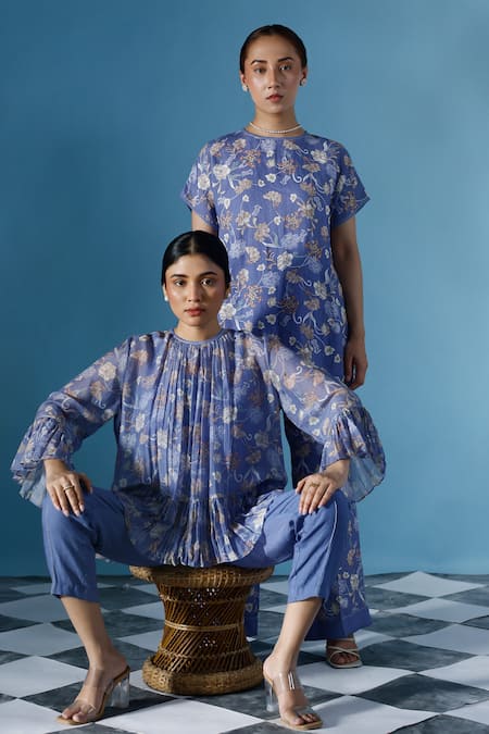Shop_Chokhi Chorri_Blue Cotton, Linen Embroidery Round Aria Iris Bloom Bell Sleeves Top With Pant _Online_at_Aza_Fashions