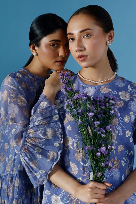 Chokhi Chorri_Blue Cotton, Linen Embroidery Round Aria Iris Bloom Bell Sleeves Top With Pant _at_Aza_Fashions