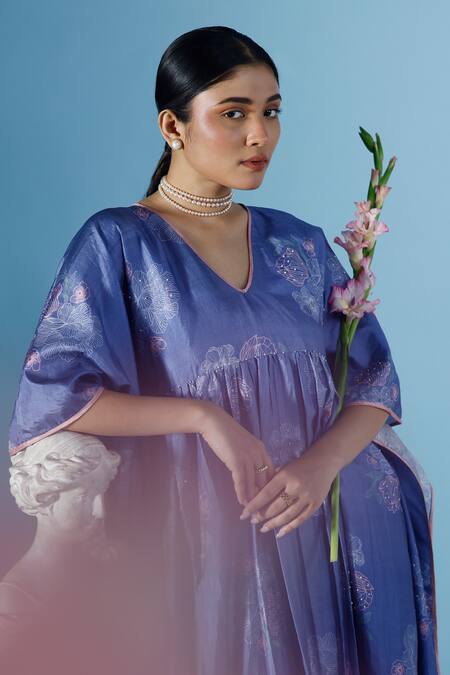 Buy_Chokhi Chorri_Blue Silk Beads V-neck Adara Enchanted Florin Print Kaftan Dress With Inner _Online_at_Aza_Fashions
