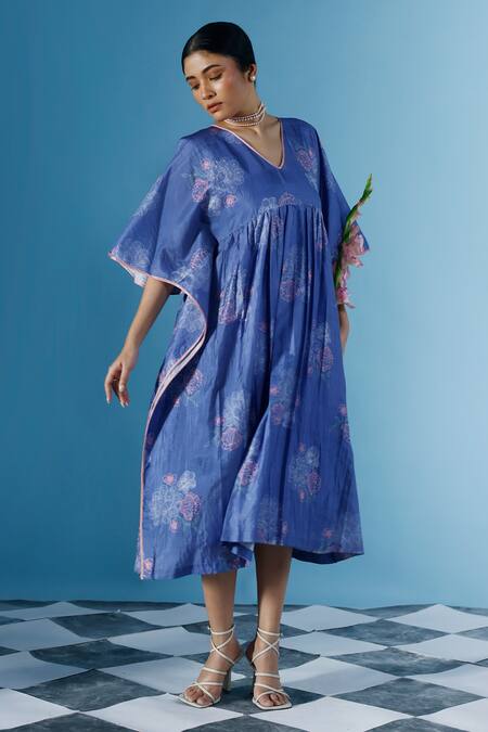 Shop_Chokhi Chorri_Blue Silk Beads V-neck Adara Enchanted Florin Print Kaftan Dress With Inner _Online_at_Aza_Fashions