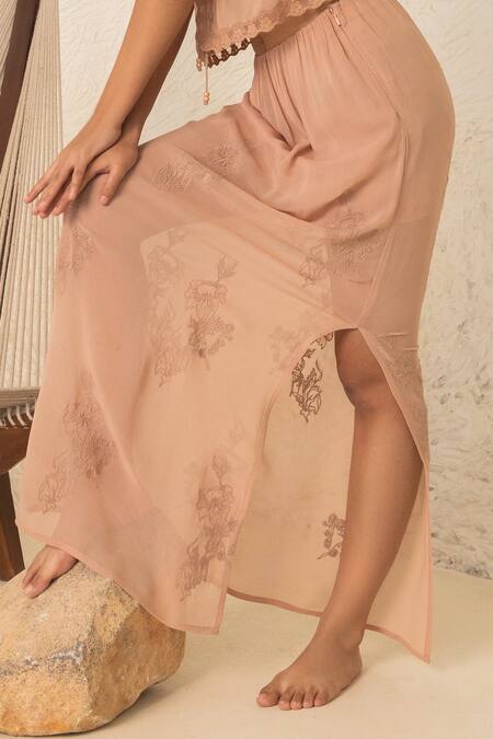 Shop Beachbum Beige Viscose, Georgette, Cotton Lace, Open Front Crop Top With Straight Skirt Online at Aza Fashions Shop_Beachbum_Beige Viscose, Georgette, Cotton Lace, Open Front Crop Top With Straight Skirt _Online_at_Aza_Fashions