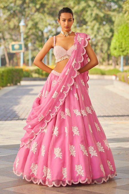 Vvani by Vani Vats Pink Lehenga And Dupatta Organza Hand Embroidered Pearl Blouse Set 