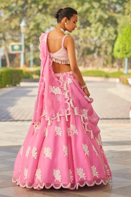 Shop_Vvani By Vani Vats_Pink Georgette, Organza Embroidery, Pearls, Tassels Blouse Lehenga Set _at_Aza_Fashions