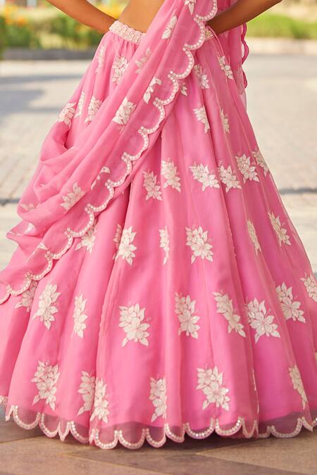 Buy_Vvani By Vani Vats_Pink Georgette, Organza Embroidery, Pearls, Tassels Blouse Lehenga Set _Online_at_Aza_Fashions