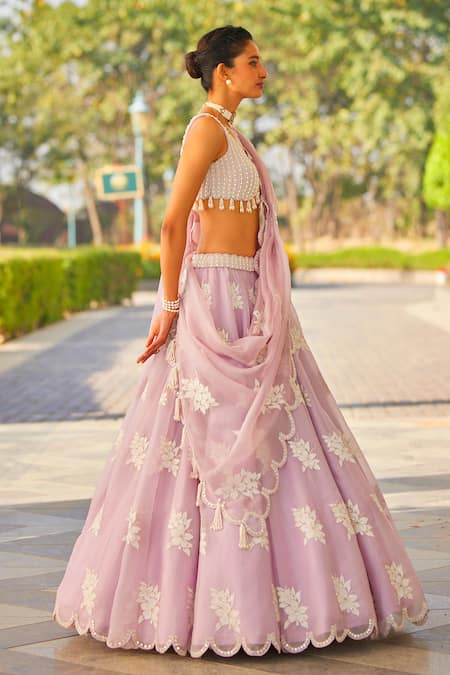 Shop Vvani By Vani Vats Purple Georgette, Organza Pearls, Tassels, Scallop Hem Work Lehenga Set at Aza Fashions Shop_Vvani By Vani Vats_Purple Georgette, Organza Pearls, Tassels, Scallop Hem Work Lehenga Set _at_Aza_Fashions