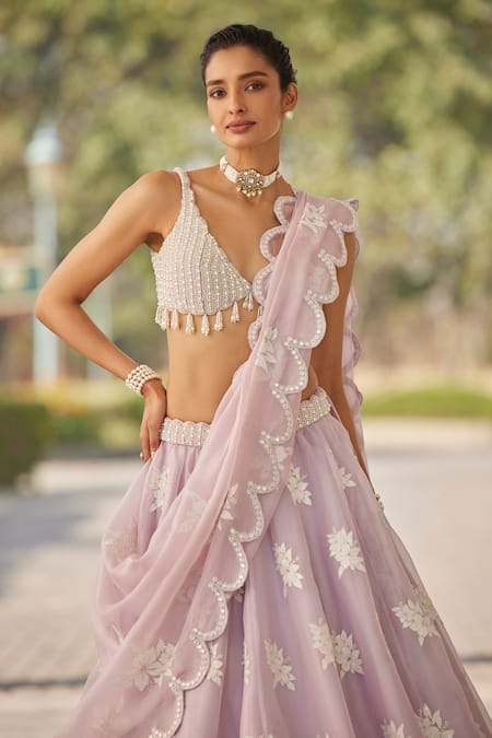Buy Vvani By Vani Vats Purple Georgette, Organza Pearls, Tassels, Scallop Hem Work Lehenga Set Online at Aza Fashions Buy_Vvani By Vani Vats_Purple Georgette, Organza Pearls, Tassels, Scallop Hem Work Lehenga Set _Online_at_Aza_Fashions