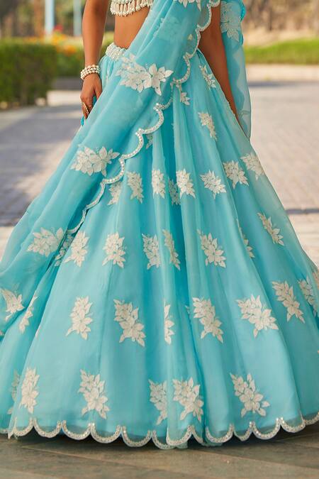 Vvani By Vani Vats_Blue Georgette, Organza Pearls, Tassels, Scallop Hem Lehenga Blouse Set _Online_at_Aza_Fashions