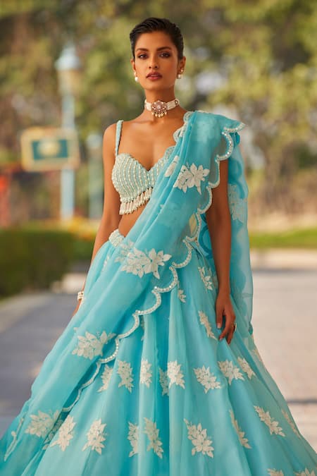 Buy_Vvani By Vani Vats_Blue Georgette, Organza Pearls, Tassels, Scallop Hem Lehenga Blouse Set _Online_at_Aza_Fashions