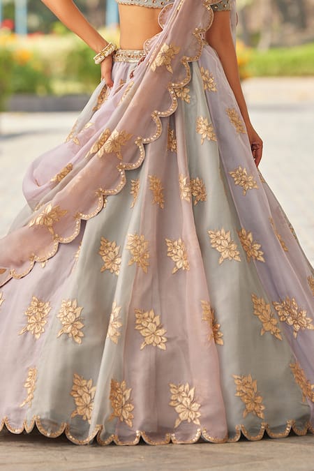 Vvani By Vani Vats_Grey Georgette, Organza Sequins, Embroidery Scoop Floral Applique Lehenga Set _Online_at_Aza_Fashions