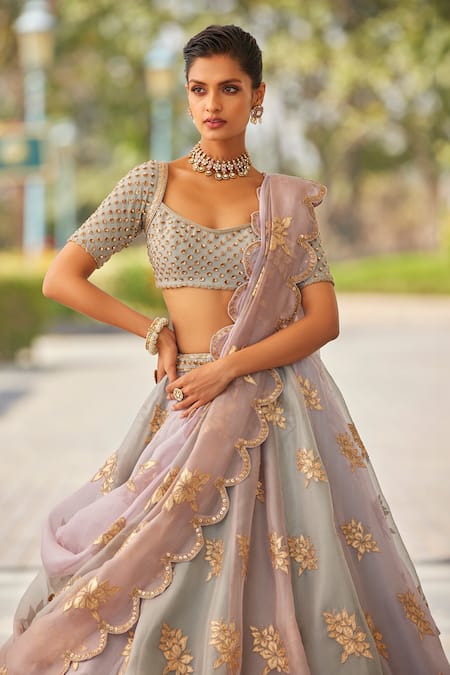 Buy_Vvani By Vani Vats_Grey Georgette, Organza Sequins, Embroidery Scoop Floral Applique Lehenga Set _Online_at_Aza_Fashions