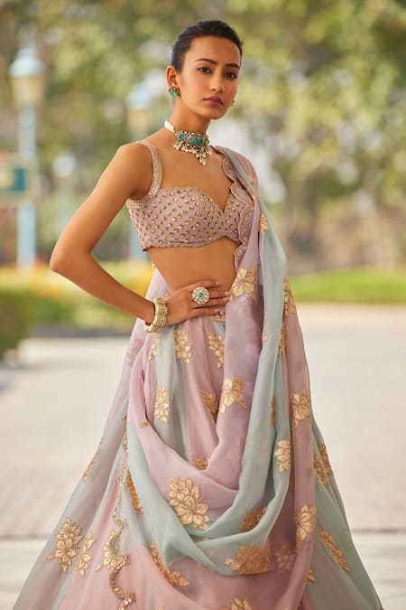 Buy Vvani By Vani Vats Pink Georgette, Organza Embroidery, Sequins Sweetheart Hand Blouse Lehenga Set Online at Aza Fashions Buy_Vvani By Vani Vats_Pink Georgette, Organza Embroidery, Sequins Sweetheart Hand Blouse Lehenga Set _Online_at_Aza_Fashions