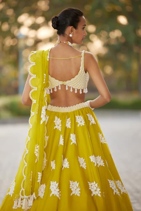 Shop_Vvani By Vani Vats_Green Georgette, Organza Pearls, Hand Embroidered Scallop Hem Lehenga Set _at_Aza_Fashions