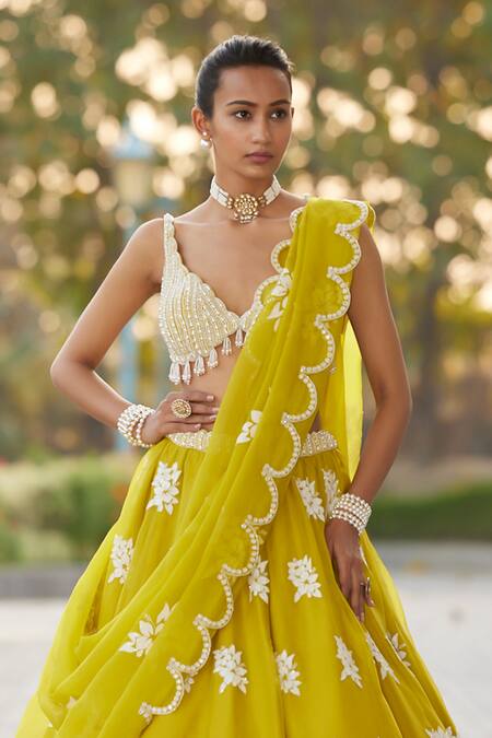 Vvani By Vani Vats_Green Georgette, Organza Pearls, Hand Embroidered Scallop Hem Lehenga Set _Online_at_Aza_Fashions