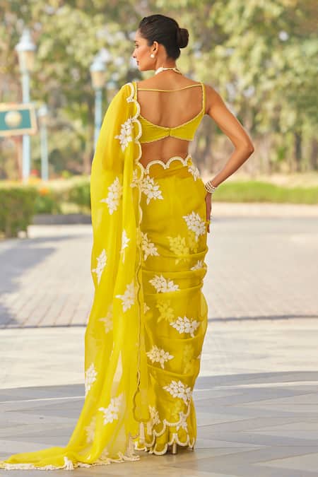 Vvani By Vani Vats_Green Organza, Satin, Lycra Applique, Embroidery Floral Hand Saree With Blouse _Online_at_Aza_Fashions