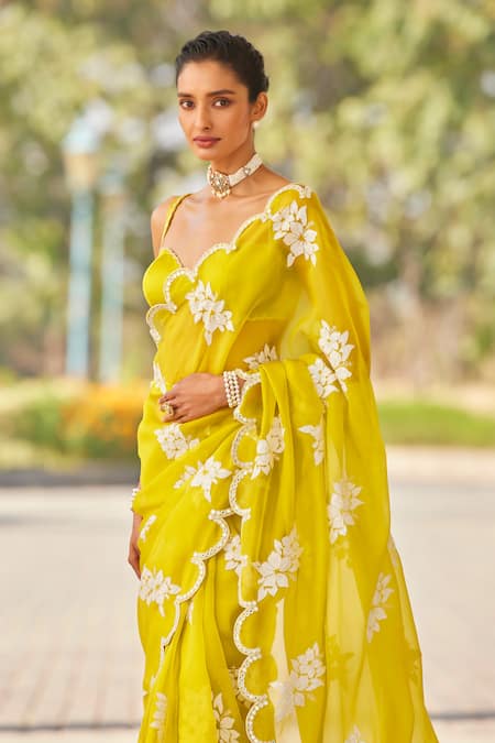Buy_Vvani By Vani Vats_Green Organza, Satin, Lycra Applique, Embroidery Floral Hand Saree With Blouse _Online_at_Aza_Fashions