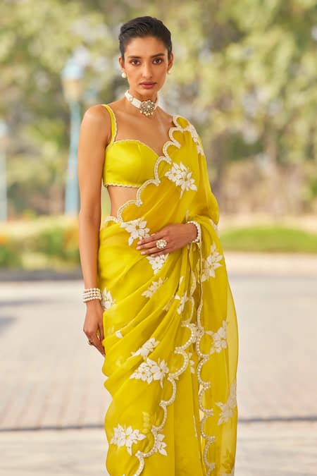 Vvani By Vani Vats_Green Organza, Satin, Lycra Applique, Embroidery Floral Hand Saree With Blouse _at_Aza_Fashions