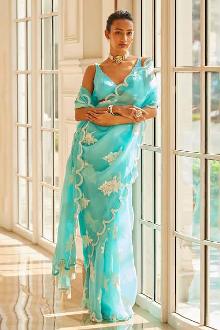 Vvani by Vani Vats Blue Saree Organza Hand Embroidered Floral Scallop Hem With Blouse 