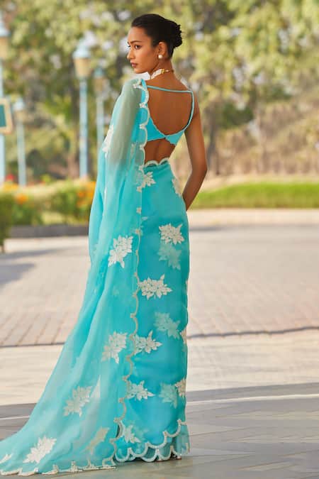 Shop Vvani By Vani Vats Blue Organza, Satin, Lycra Applique, Hand Scallop Hem Saree With Blouse at Aza Fashions Shop_Vvani By Vani Vats_Blue Organza, Satin, Lycra Applique, Hand Scallop Hem Saree With Blouse _at_Aza_Fashions