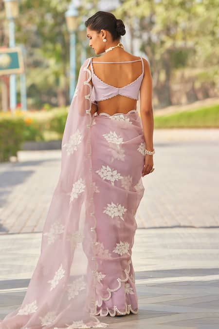 Shop_Vvani By Vani Vats_Purple Organza, Satin, Lycra Floral Applique Scallop Hem Saree With Blouse _at_Aza_Fashions