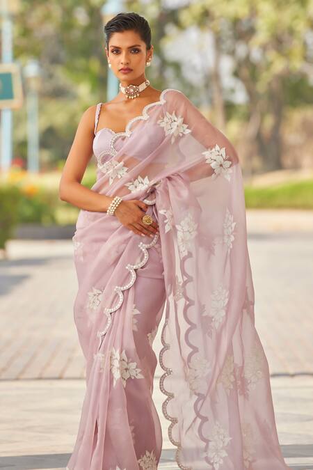 Buy_Vvani By Vani Vats_Purple Organza, Satin, Lycra Floral Applique Scallop Hem Saree With Blouse _Online_at_Aza_Fashions