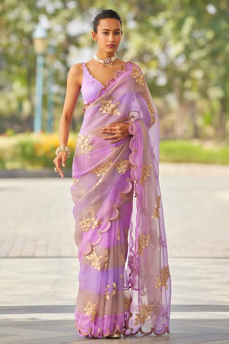 Vvani by Vani Vats Floral Applique Panelled Saree With Blouse 