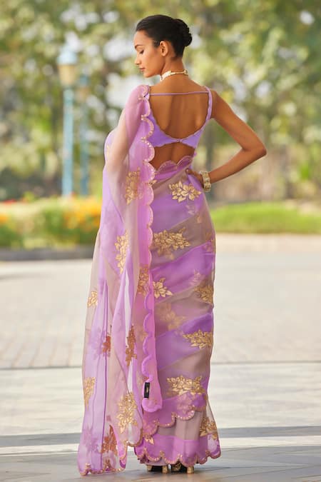 Shop_Vvani By Vani Vats_Multi Color Organza, Satin, Lycra Applique, Floral Panelled Saree With Blouse _at_Aza_Fashions